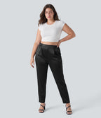 Pantalon tailleur fuselé en satin taille haute grande taille avec poches