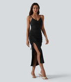 Robe midi moulante à col en V rembourrage non amovible et fronces à cordon