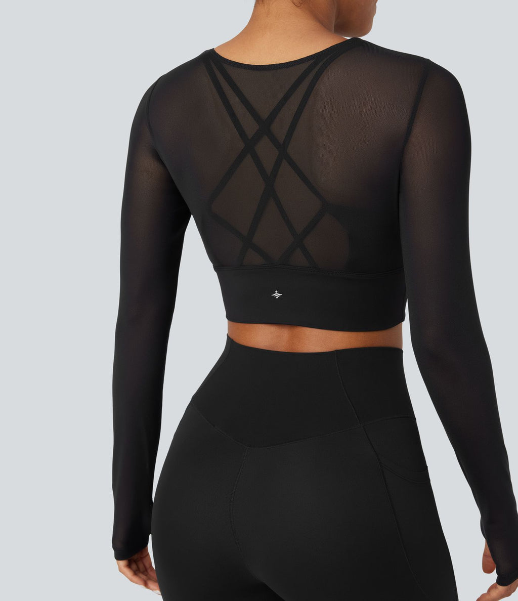 Haut de sport yoga cropped 2-en-1 manches longues mesh contrastant à trous pouces