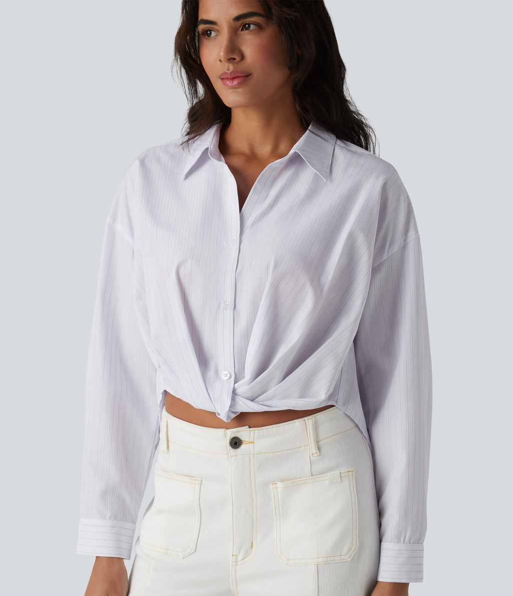 Chemise casual col manches retroussées torsadée asymétrique à rayures