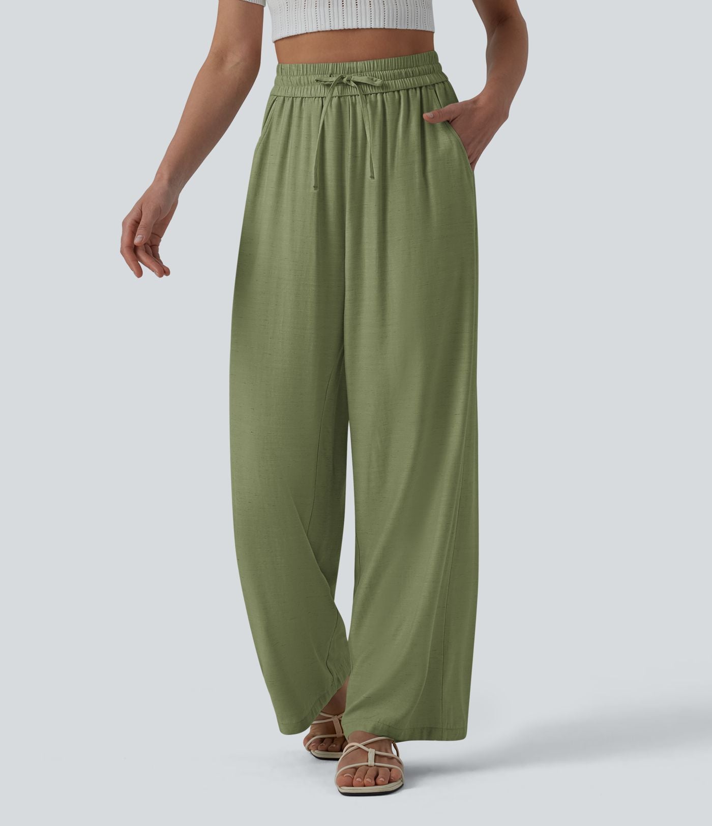 Pantalon casual large fluide mélange lin taille haute avec cordon de serrage et poches