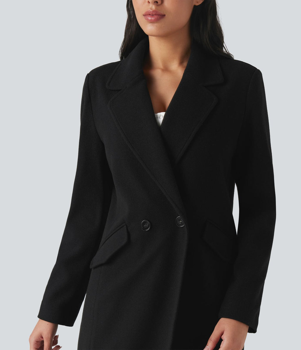 Manteau long polaire col cranté manches longues avec poches