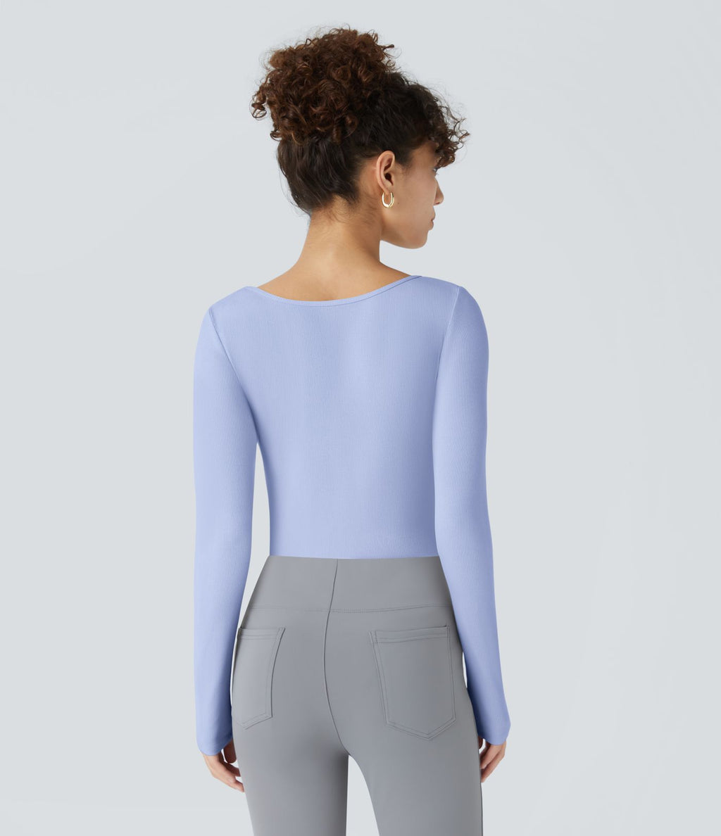 Bodysuit de Travail Tricot Côtelé Col Carré Manches Longues Boutonné Silhouette Élancée