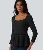Haut babydoll décontracté en maille côtelée col en U manches 3/4