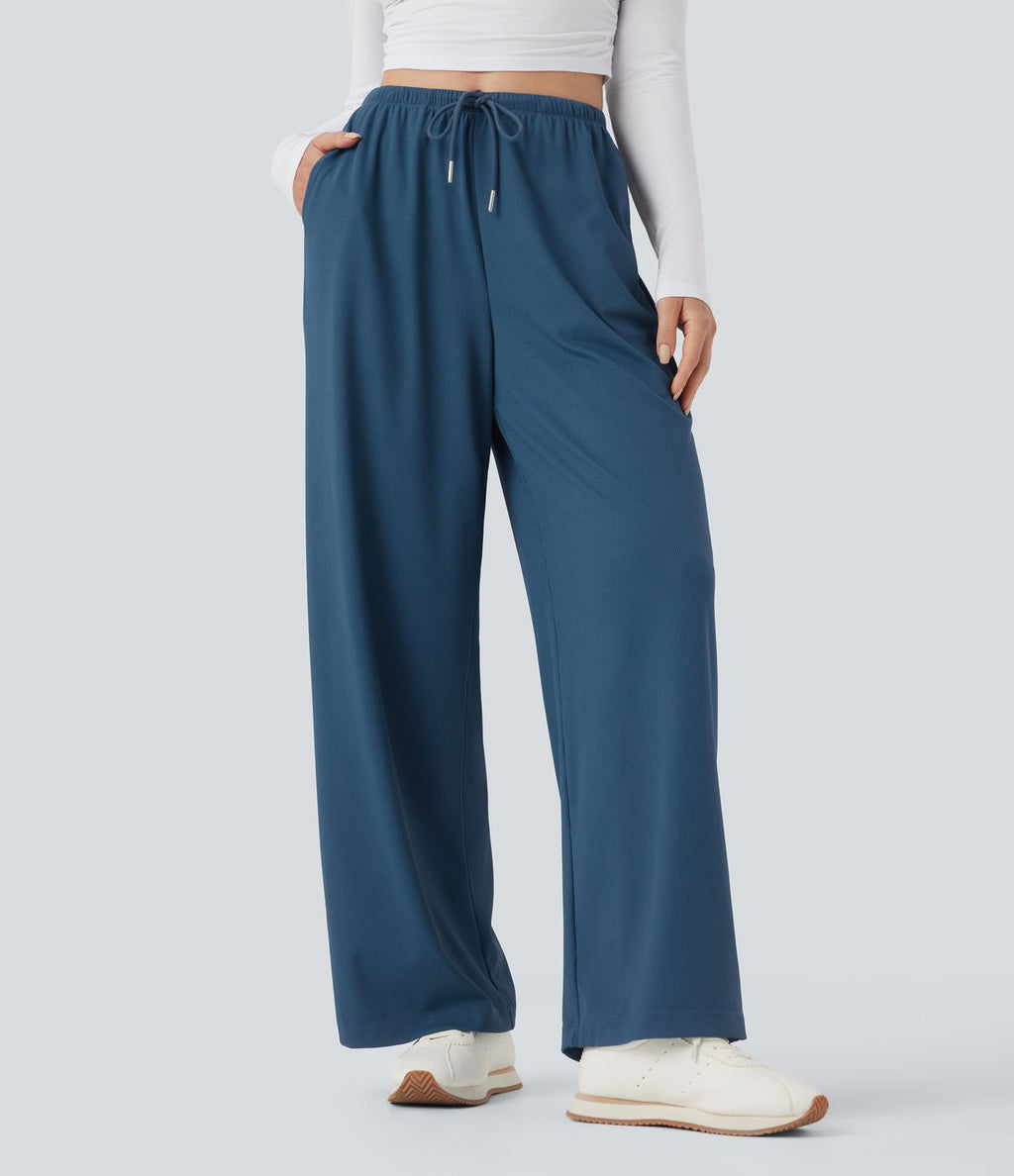 Pantalon de yoga tissu gaufré taille mi-haute jambe droite avec cordon de serrage et poches