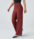 Pantalon Tailleur Large Taille Haute avec Bouton et Poches