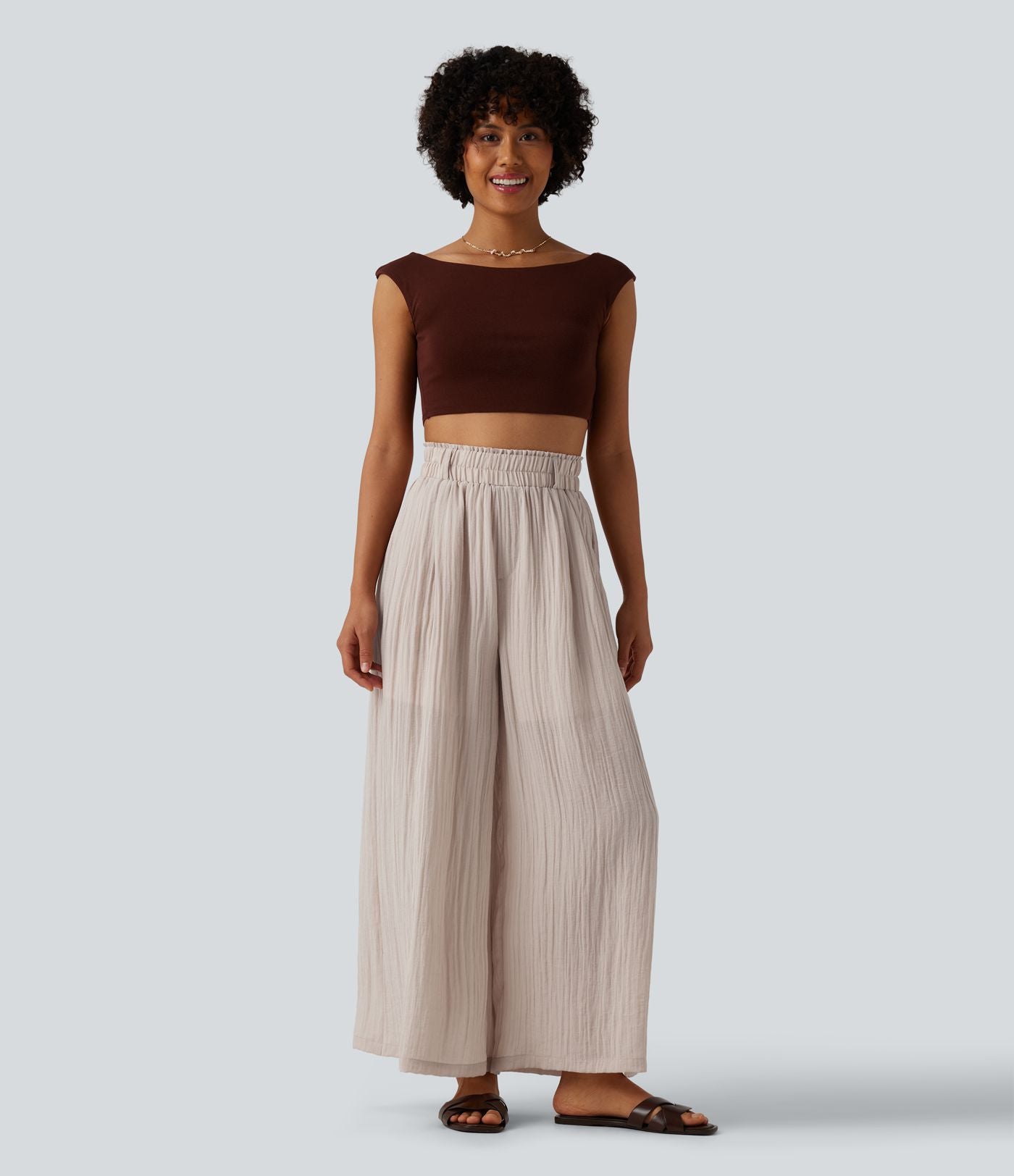 Pantalon fluide ample décontracté taille haute avec poches