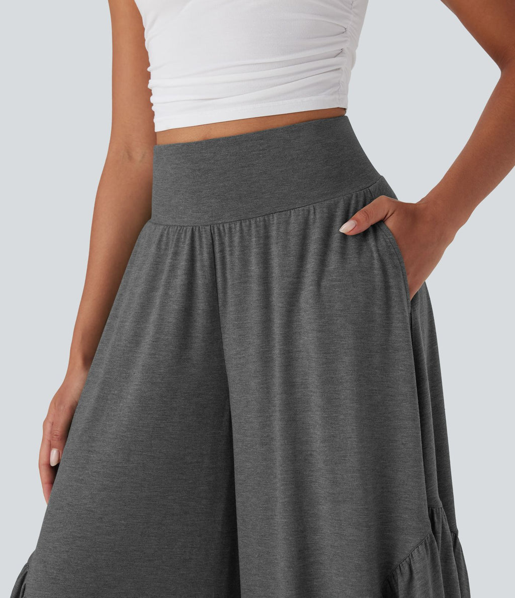 Pantalon décontracté super évasé taille haute avec ourlet à volants et poches