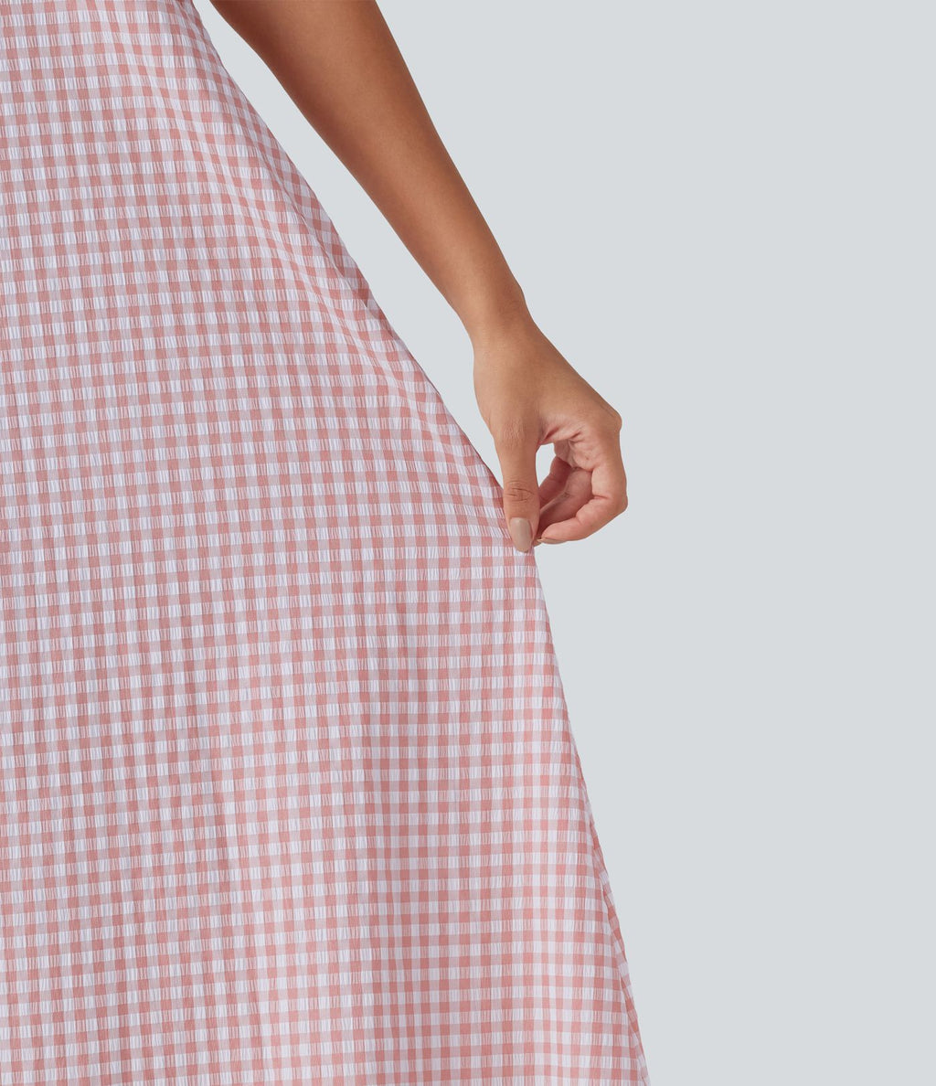 Robe débardeur midi décontractée col rond sans manches en vichy froissé avec poches