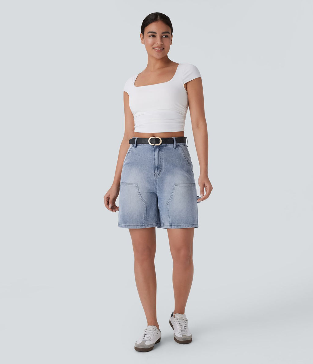 Short bermuda décontracté en denim extensible lavé Halara Flex™ taille mi-haute avec poches multiples