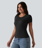 T-shirt décontracté col rond échancré à manches courtes avec soutien-gorge intégré bonnets B-DD