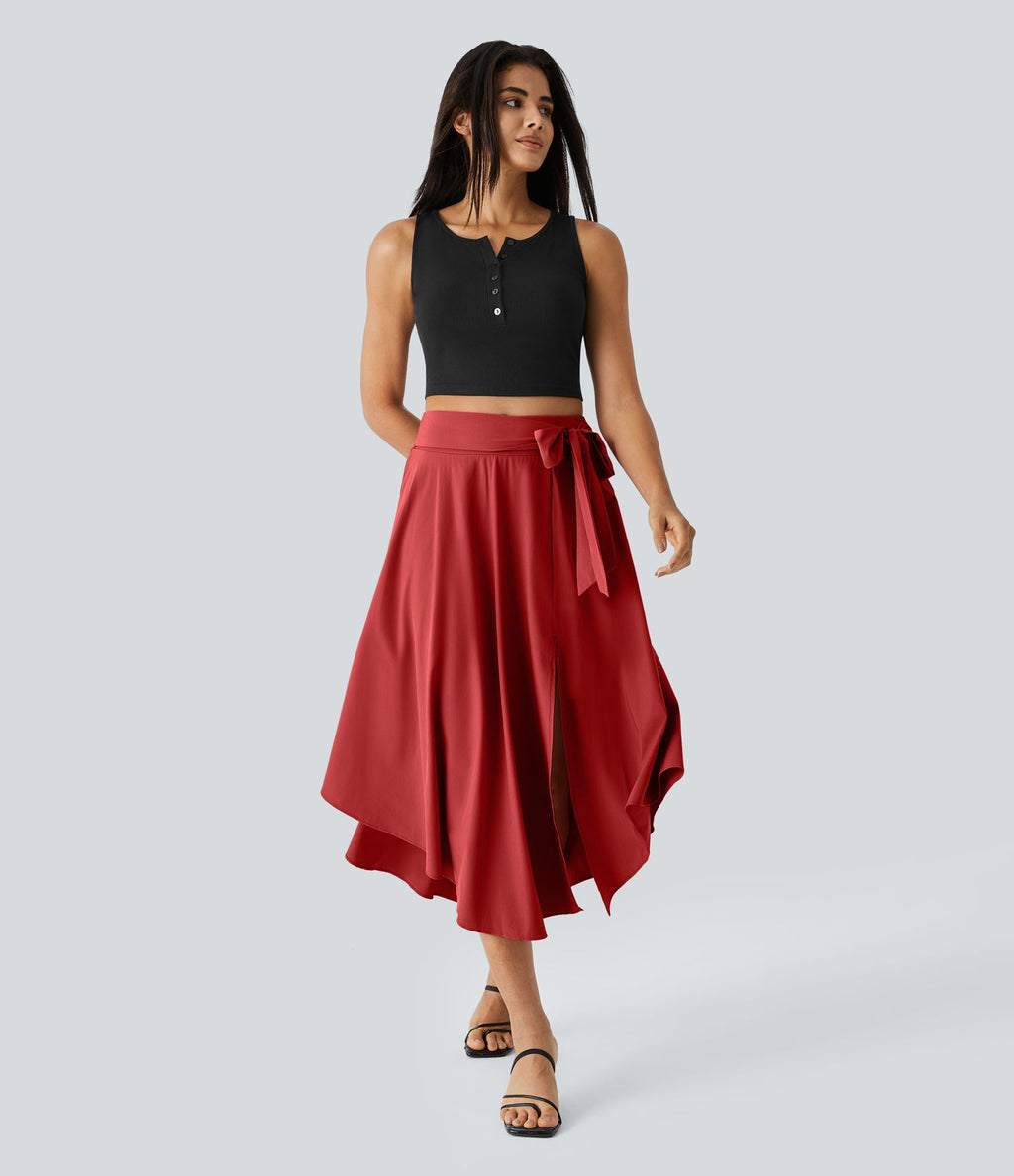 Breezeful™ Jupe Taille Haute Casual Midi Séchage Rapide Fluide Fentes Latérales Nouées 2 en 1