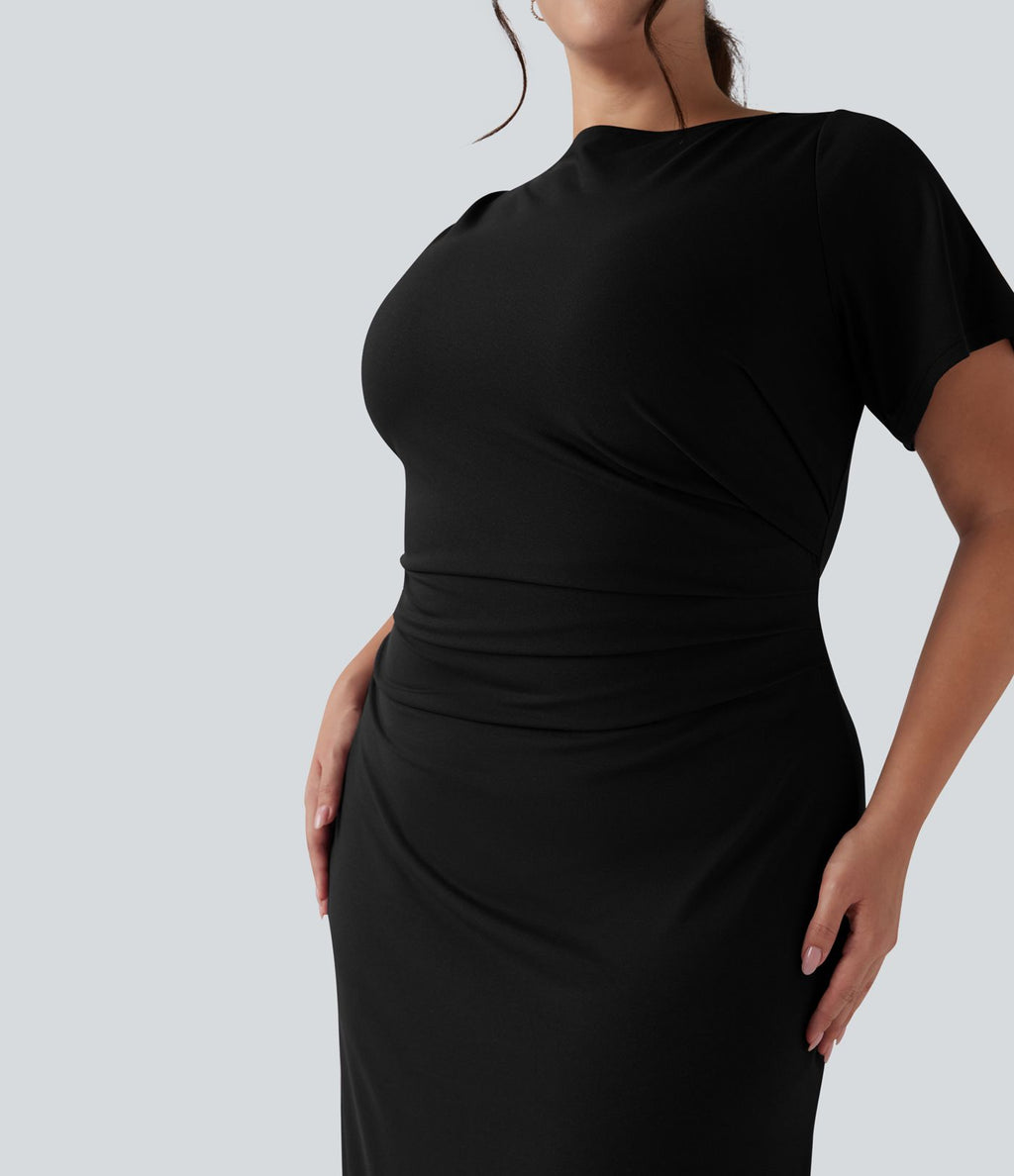 Robe midi grande taille moulante froncée à manches courtes avec fente pour le travail