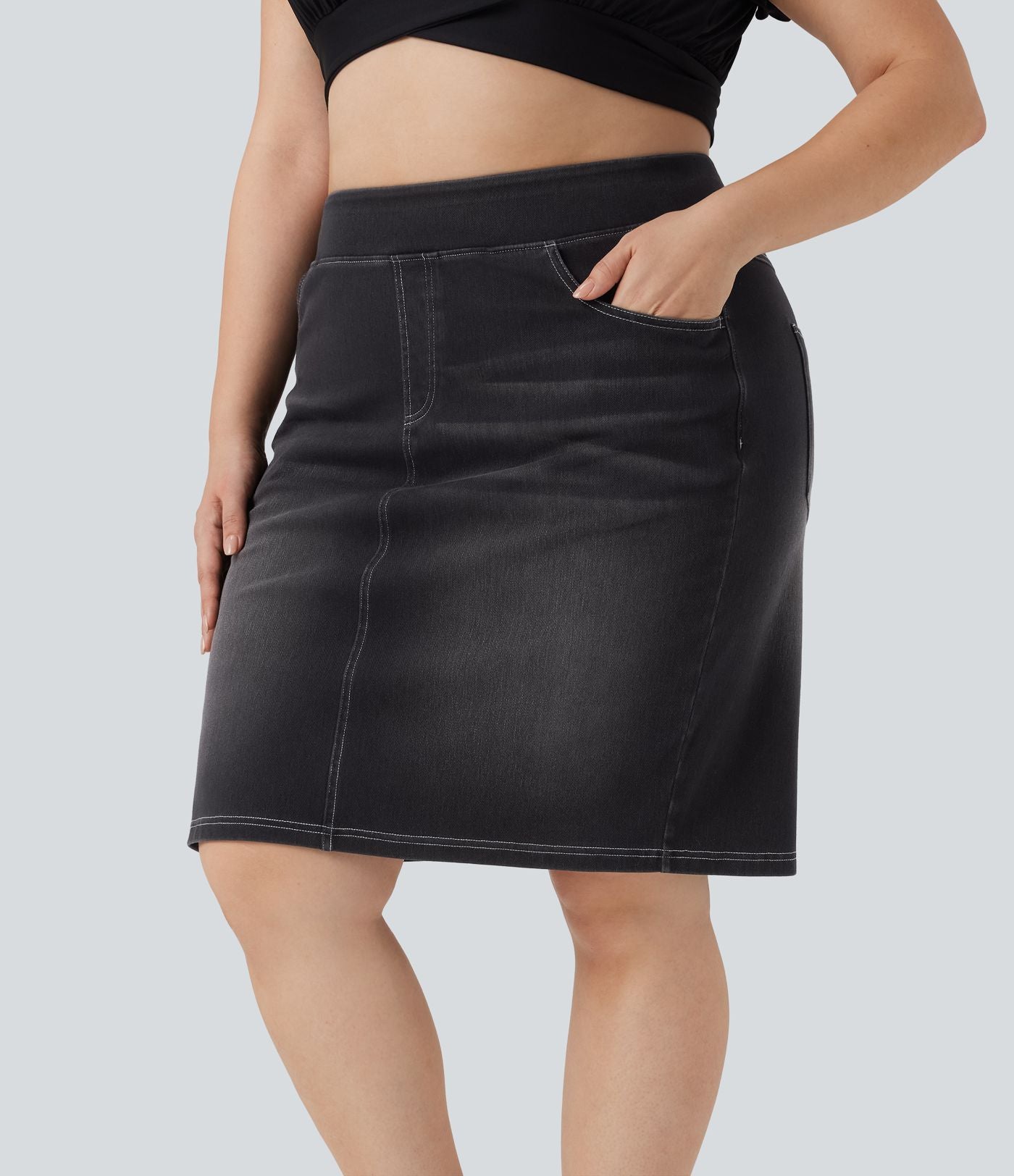 Jupe décontractée en denim délavé Halara Flex™ grande taille taille haute avec poches