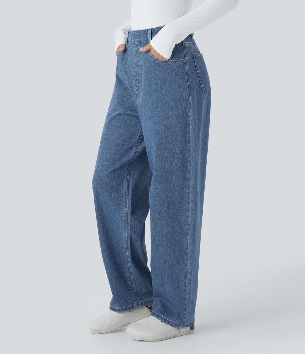 Jean ample délavé taille haute en maille extensible avec poches multiples