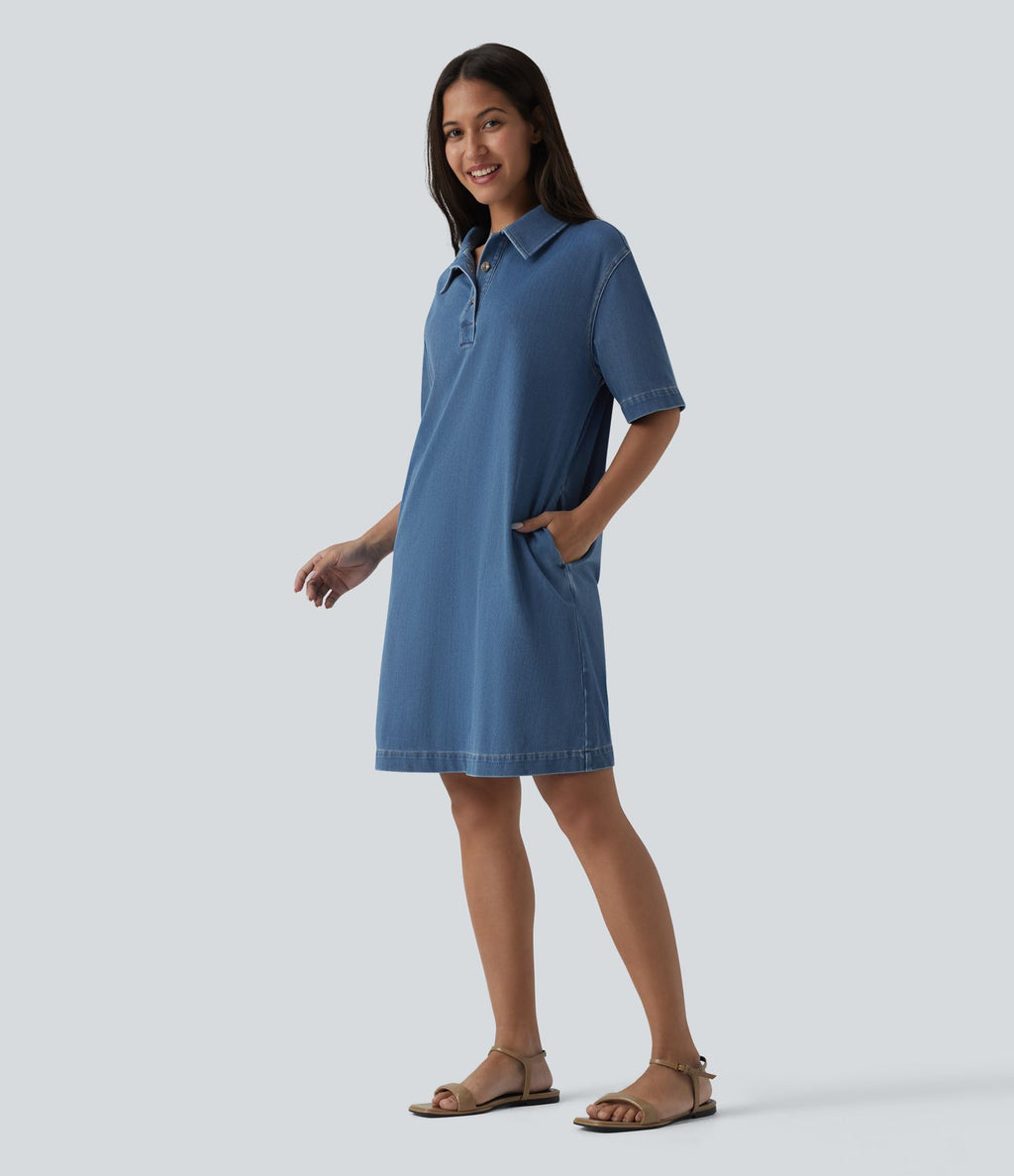 Halara Flex™ Robe courte en denim col classique manches courtes avec poches