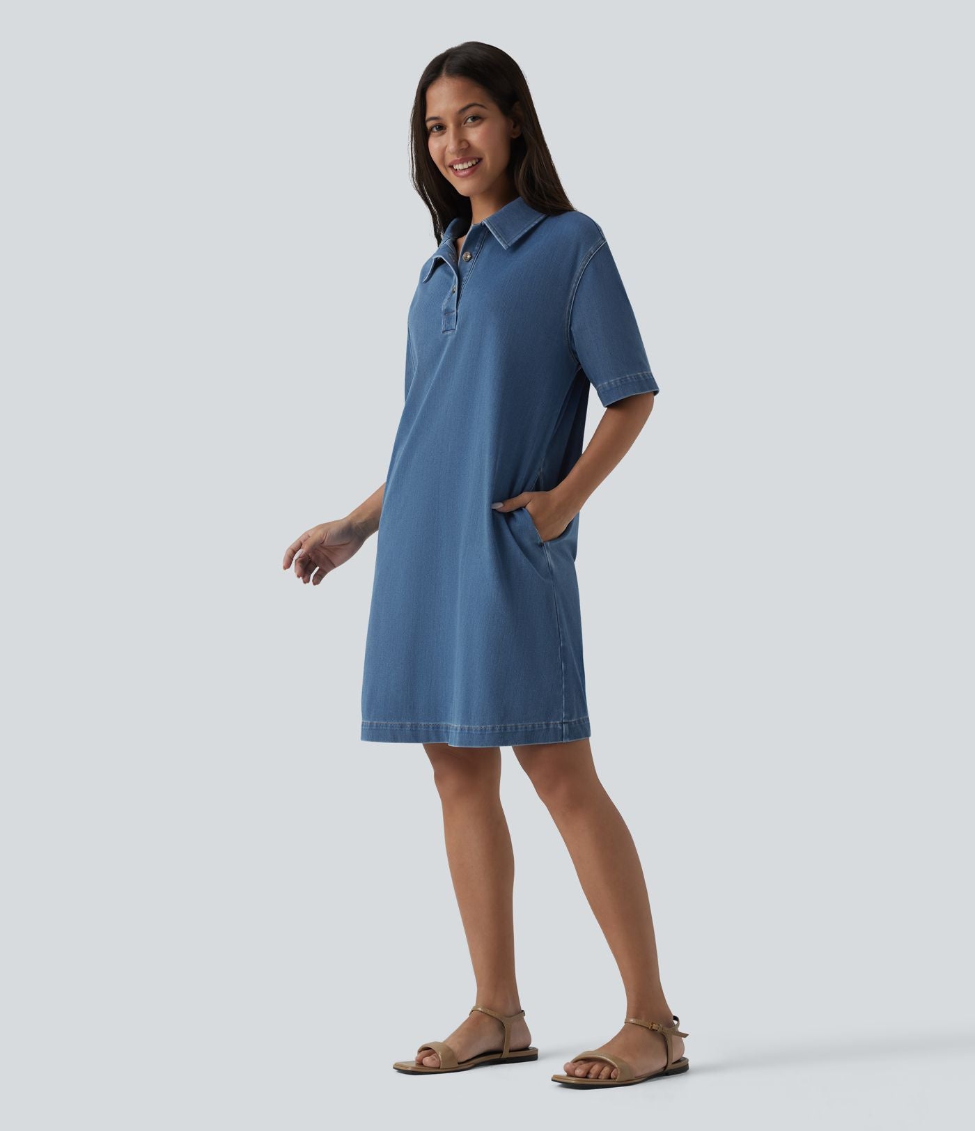 Halara Flex™ Robe courte en denim col classique manches courtes avec poches