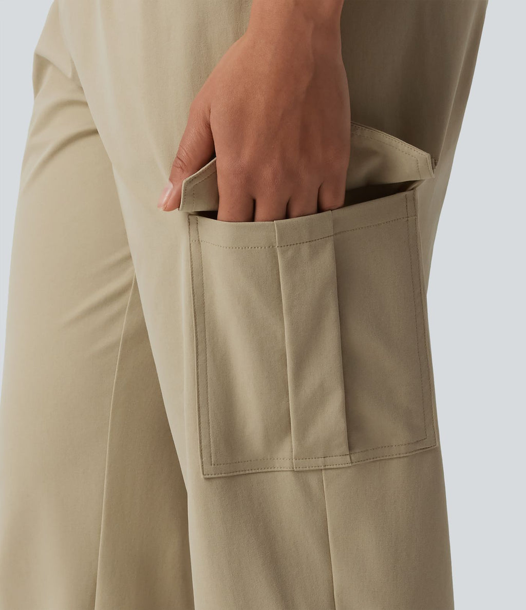 Jogging cargo décontracté popeline extensible taille mi-haute avec cordon de serrage et poches