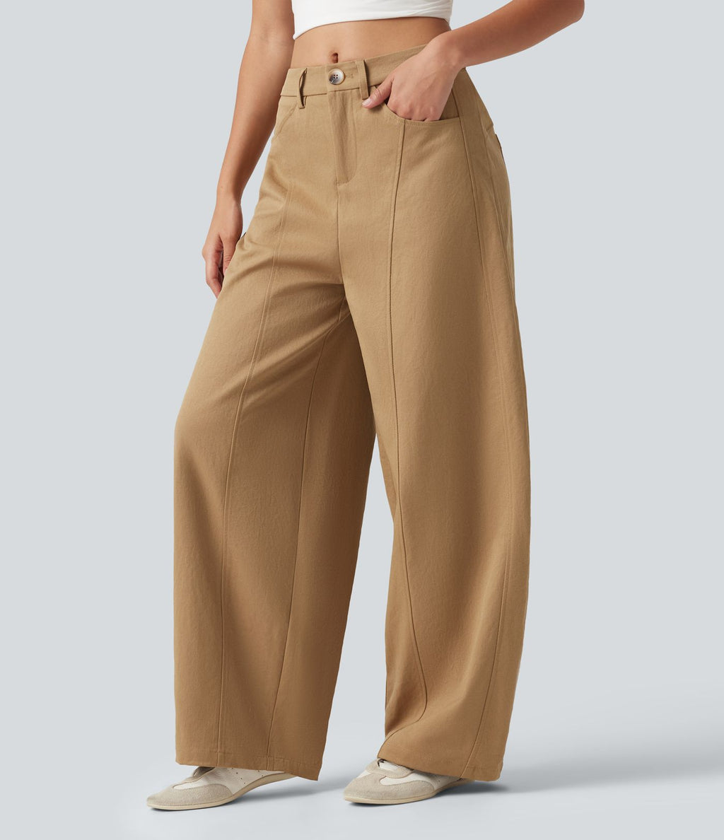 Pantalon casual taille mi-haute coupe barrel avec poches