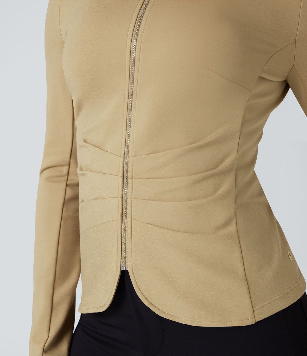 Blazer de travail col rond froncé zippé à manches longues
