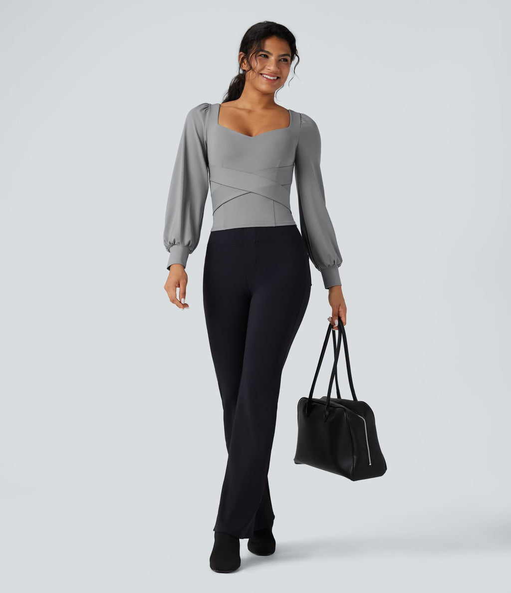 Top professionnel push-up croisé à col cœur avec bonnets moulés et manches bouffantes - Bonnet A/B