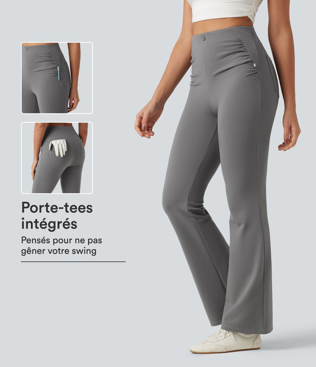 Pantalon de golf flare taille haute froncé avec poches et porte-tees