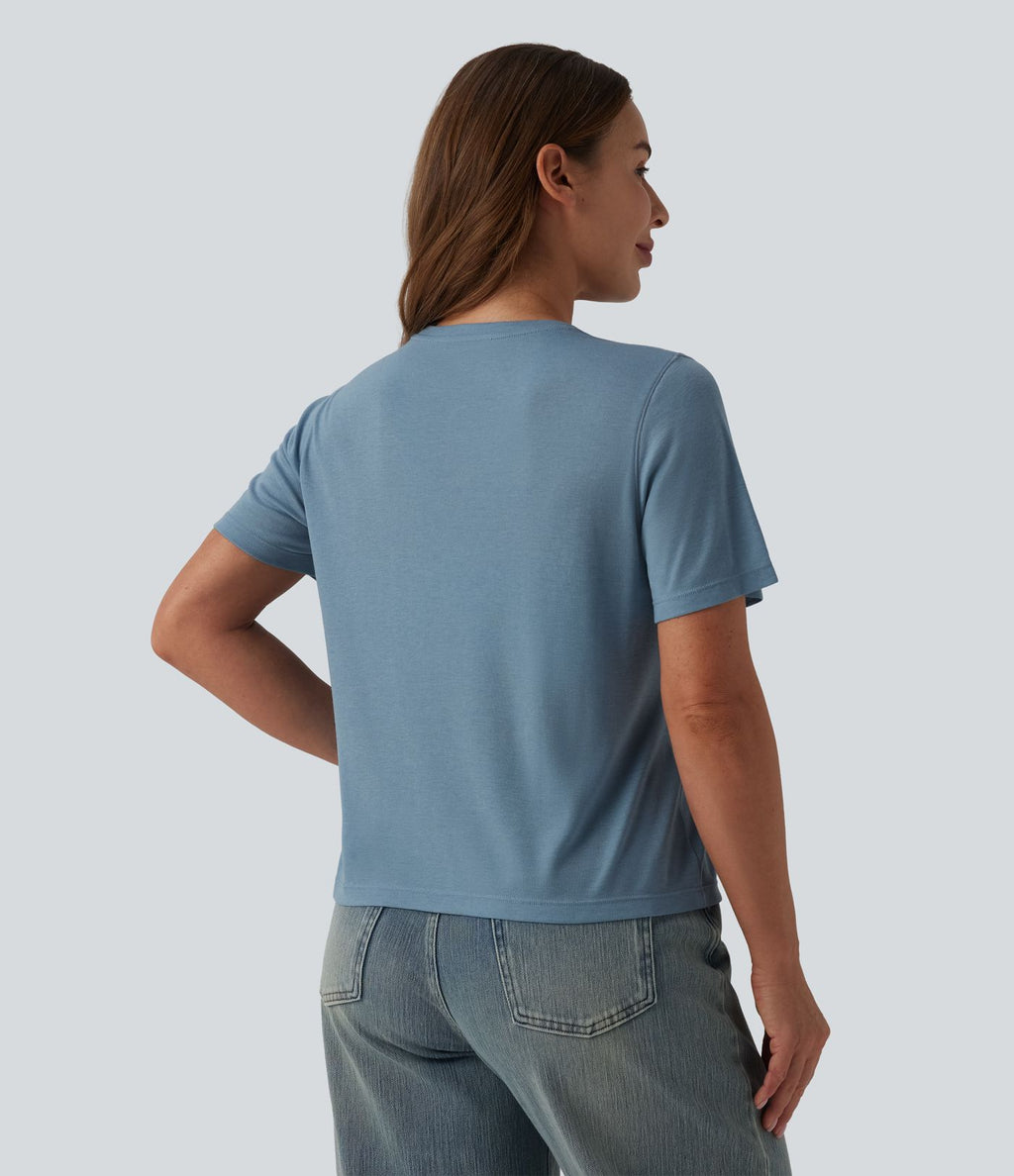 T-shirt décontracté ample à col rond et manches courtes en laine mélangée