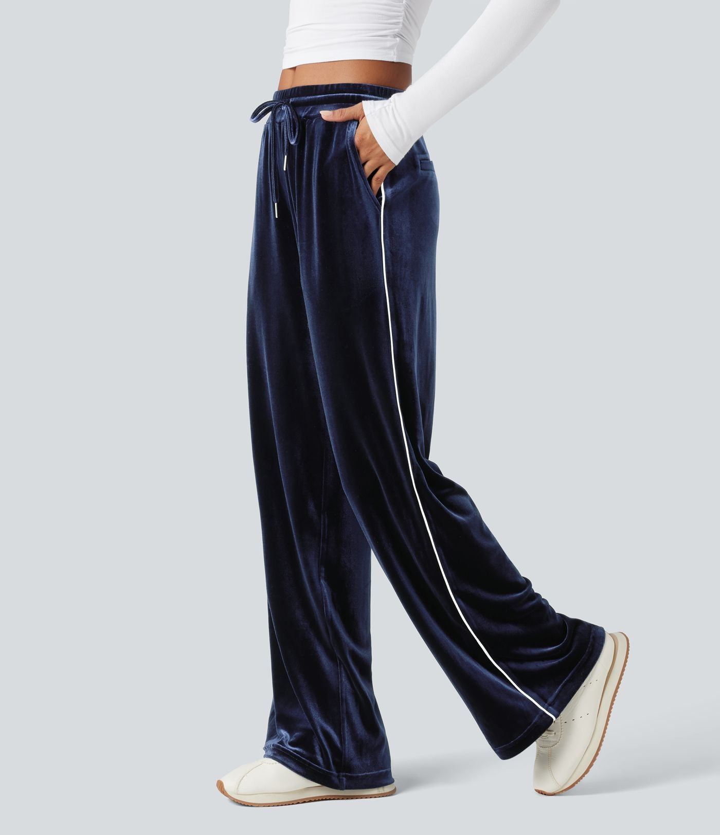 Pantalon décontracté droit en velours, taille mi-haute, avec cordon et poches
