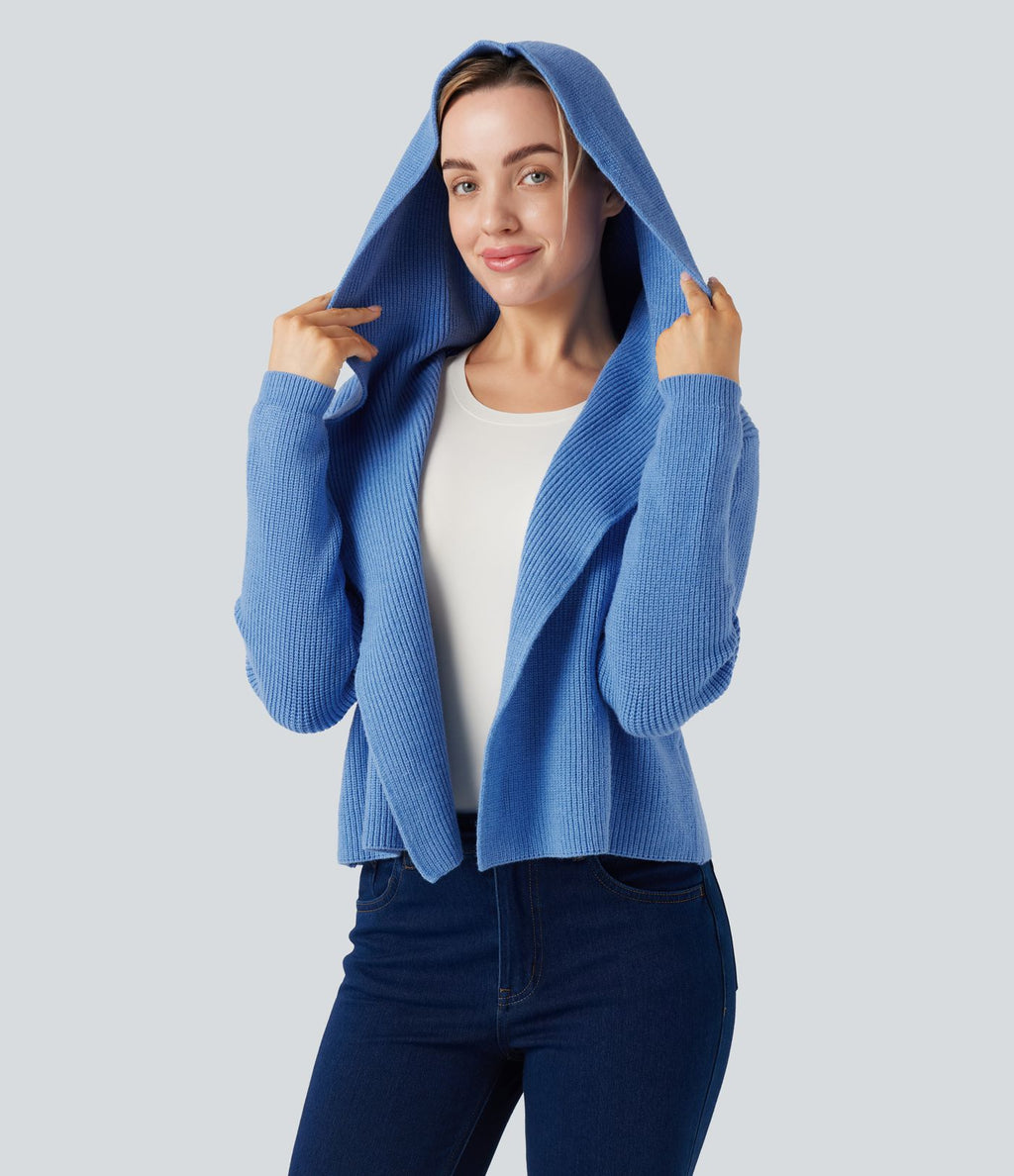 Cardigan ouvert à capuche manches longues