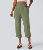 Pantalon capri effet lin taille haute avec poches zippées