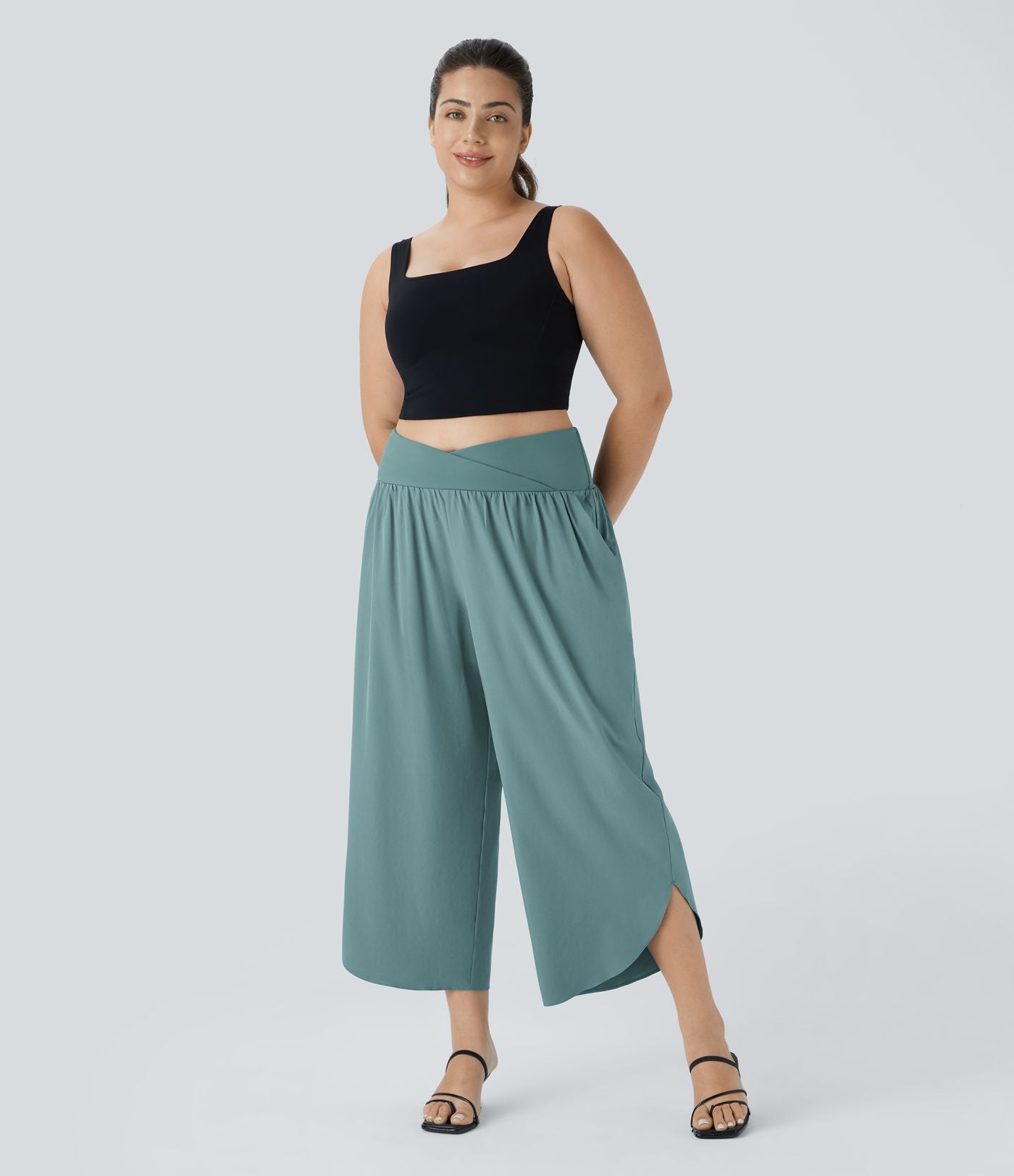 Breezeful™ Pantalon de Vacances Grande Taille Taille Haute avec Découpe Croisée Plissé Poche Latérale Fente et Séchage Rapide