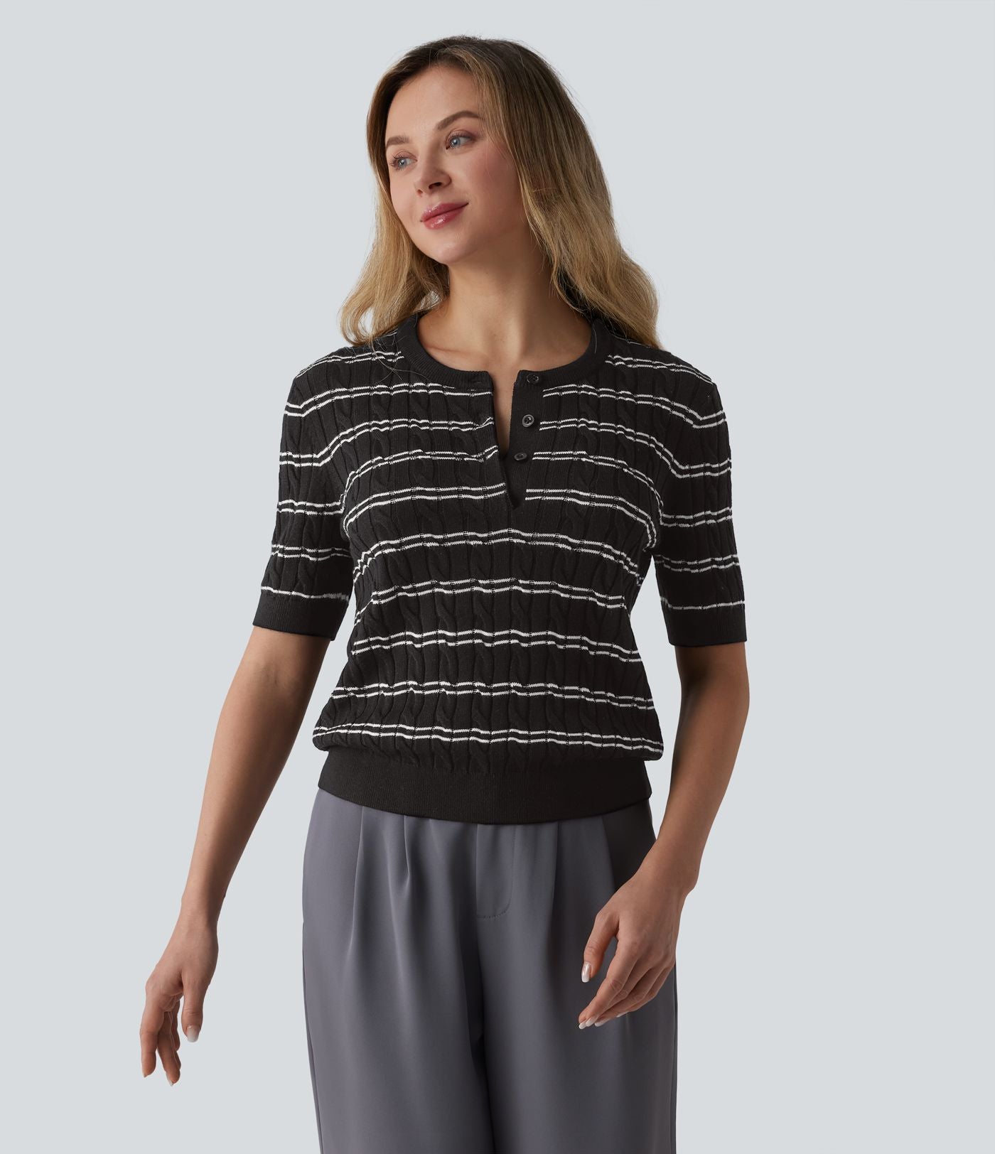Pull de travail col Henley manches courtes rayé