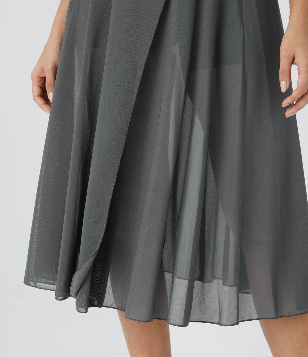 Jupe Casual Évasée Mesh Mi-Longue Fuide 2 en 1 Contrastée Taille Haute Cordon Poche Latérale