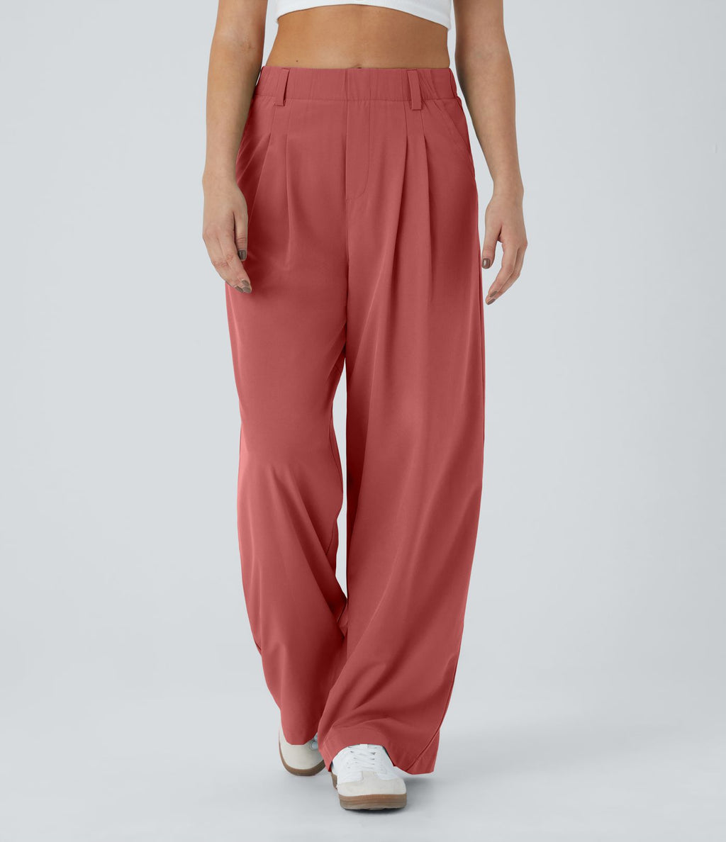 Breezeful™ Pantalon Large Fluide Taille Haute Poches Latérales Palazzo Solide Casual Linen-Feel