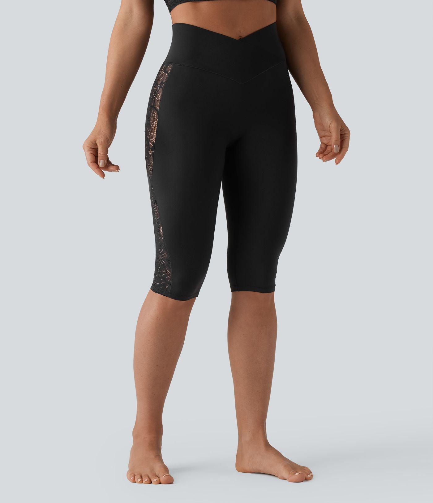 Legging de yoga corsaire SoftlyZero™ taille haute croisé dentelle contrastante avec poche - UPF50+