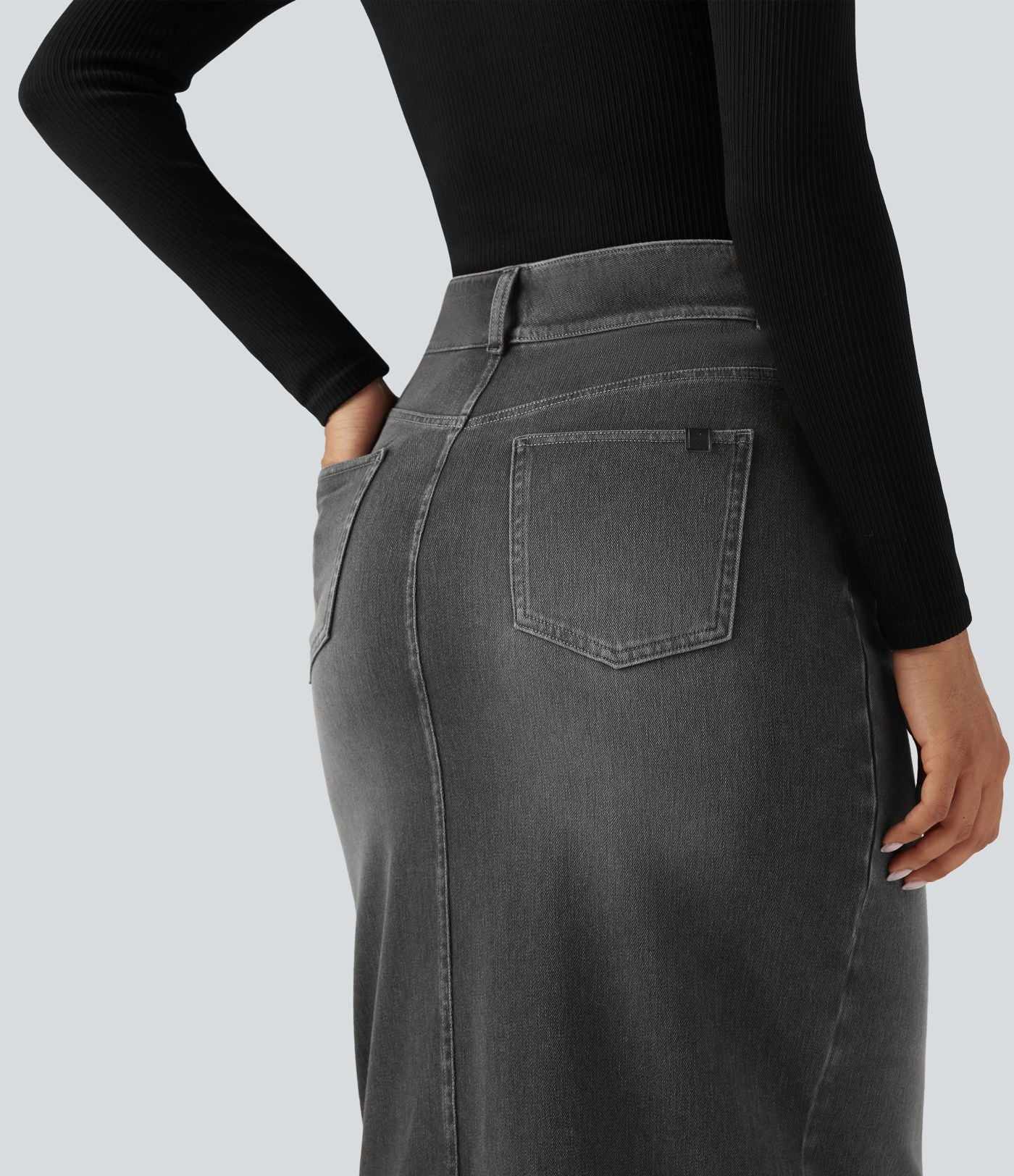 Halara Flex™ Jupe en Jean Casual Mi-Longue Délavé Extensible Plusieurs Poches Taille Haute