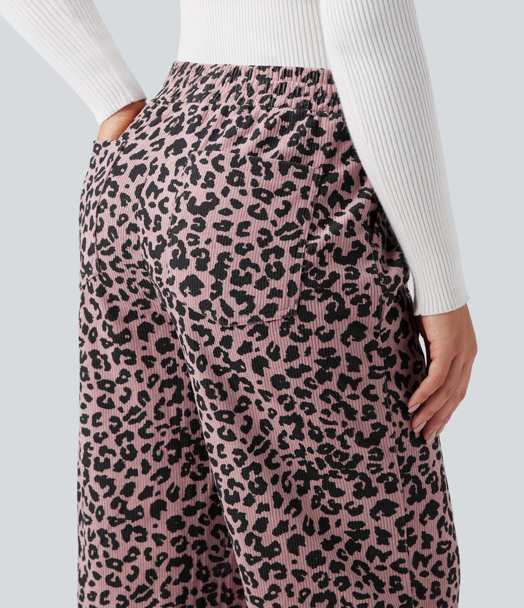 Pantalon léopard ample décontracté velours côtelé imprimé taille haute avec poches