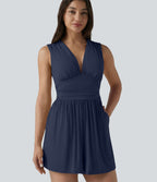 Combishort casual côtelé sans manches col V, fronces et soutien-gorge intégré, avec poches – Easy Peasy