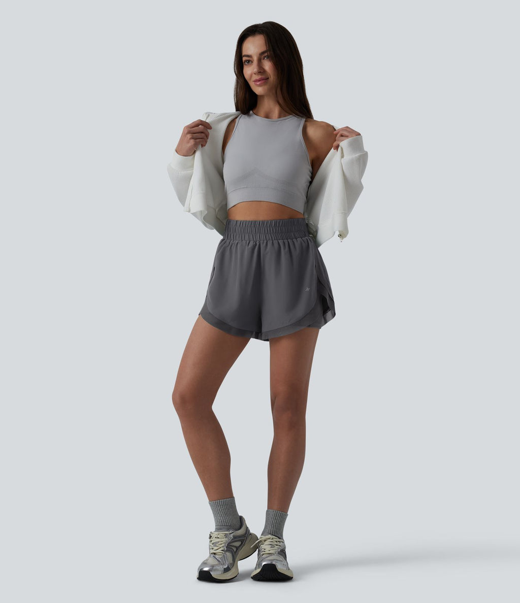 Short de running 2-en-1 taille haute mesh contrasté avec poches