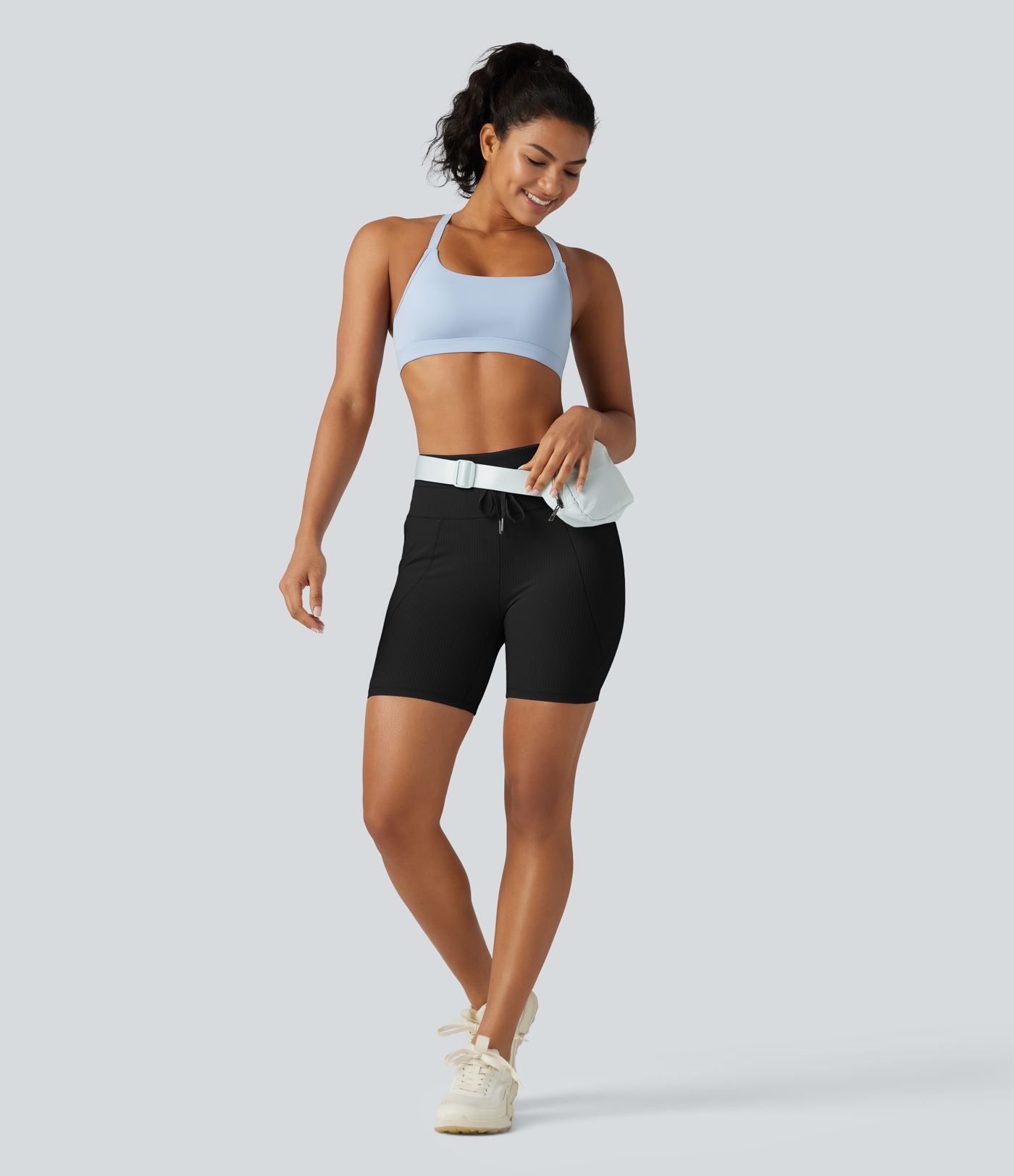 Short cycliste de yoga en maille côtelée taille haute avec cordon de serrage séchage rapide 15 cm avec poches - UPF50+
