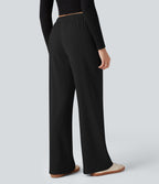 Pantalon large côtelé taille basse pliable avec cordon de serrage et poches