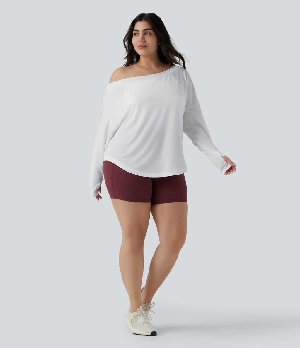 Haut de yoga grande taille asymétrique une épaule dénudée manches longues avec passages pouces, ourlet arrondi high-low et séchage rapide - Brassière intégrée