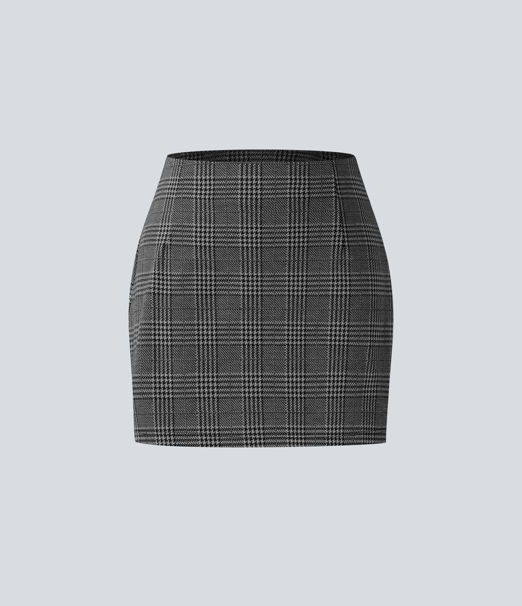 Jupe de Travail Mini 2-en-1 Taille Haute à Motif Pied-de-Poule