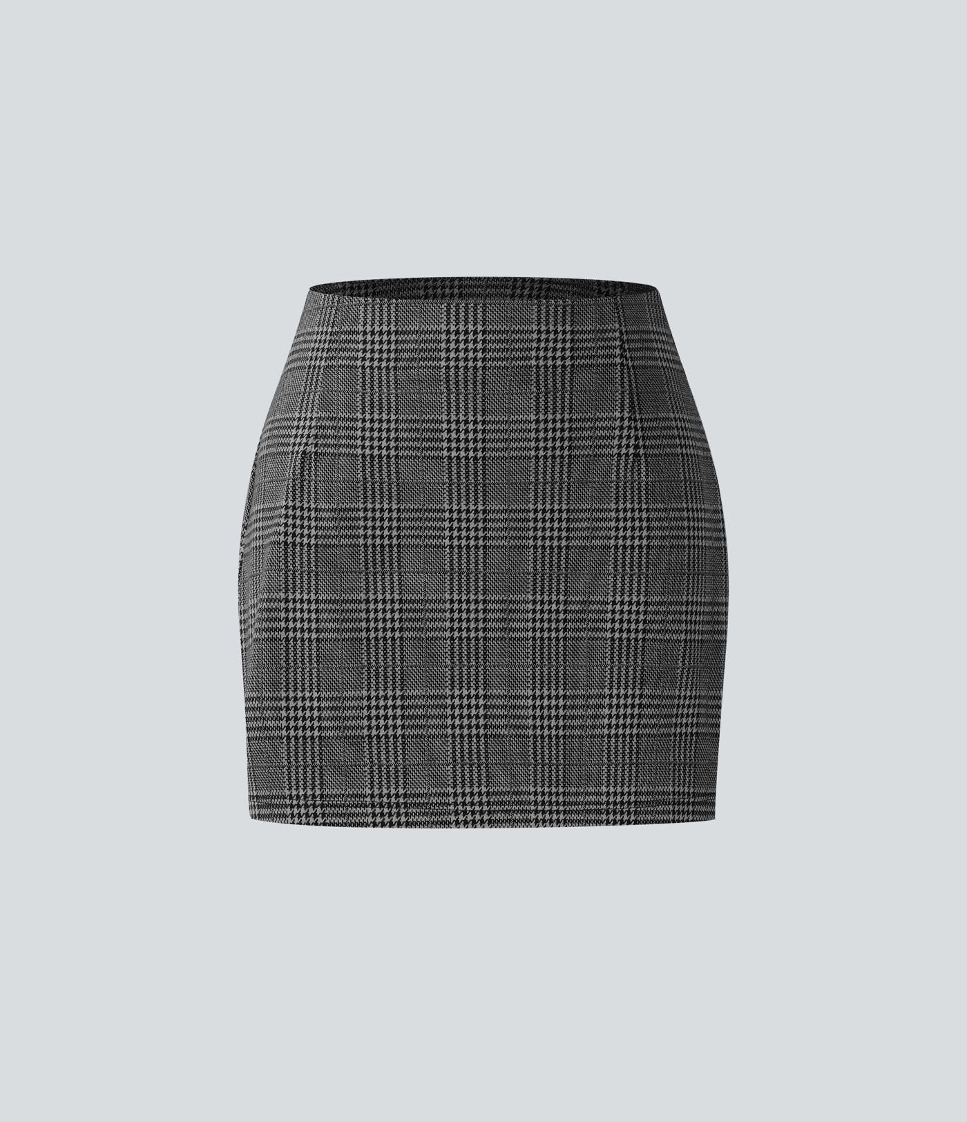 Jupe de Travail Mini 2-en-1 Taille Haute à Motif Pied-de-Poule