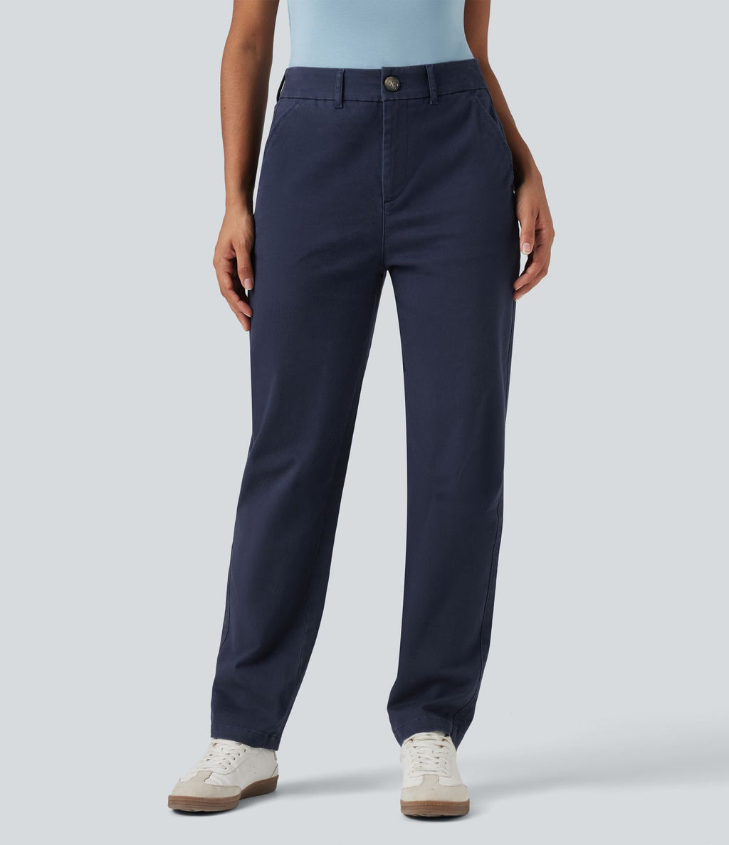 Pantalon coton fuselé taille mi-haute avec poches