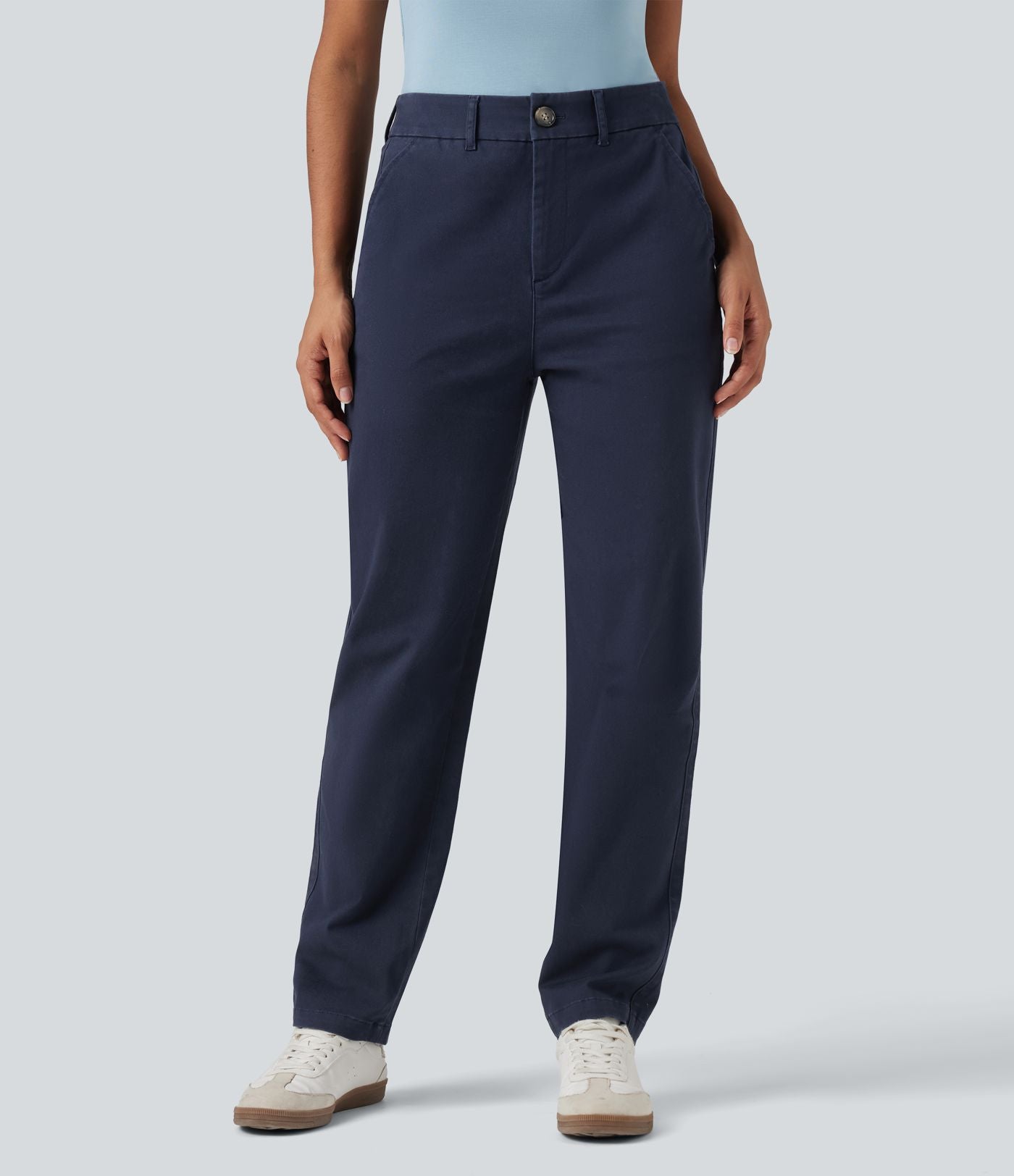 Pantalon coton fuselé taille mi-haute avec poches