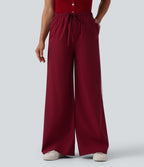 Pantalon large décontracté rayé taille haute avec cordon de serrage avec poches