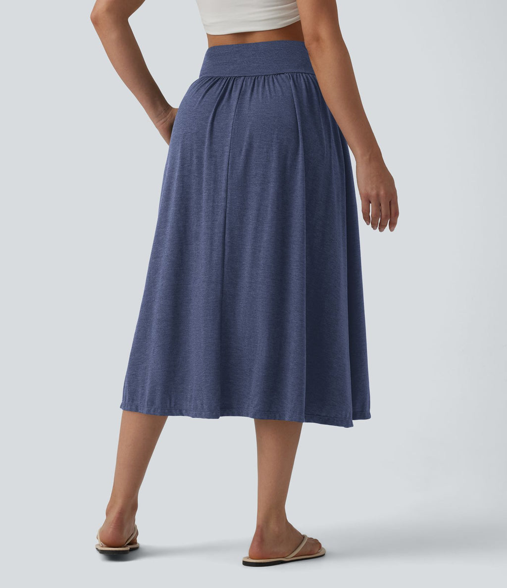 Jupe midi casual fluide croisée taille haute avec poches