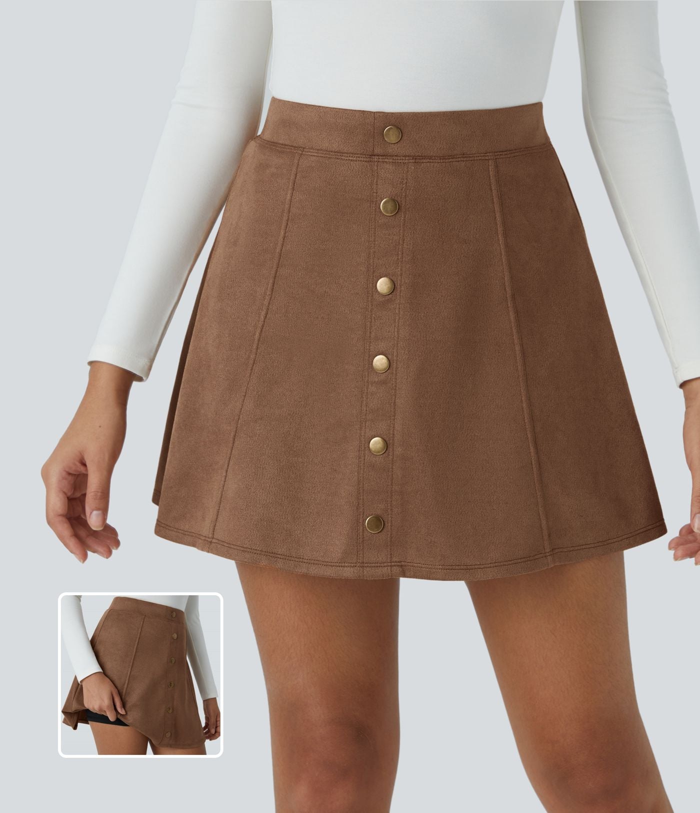 Jupe-short décontractée 2-en-1 en suédine taille haute, boutons décoratifs et coupe évasée