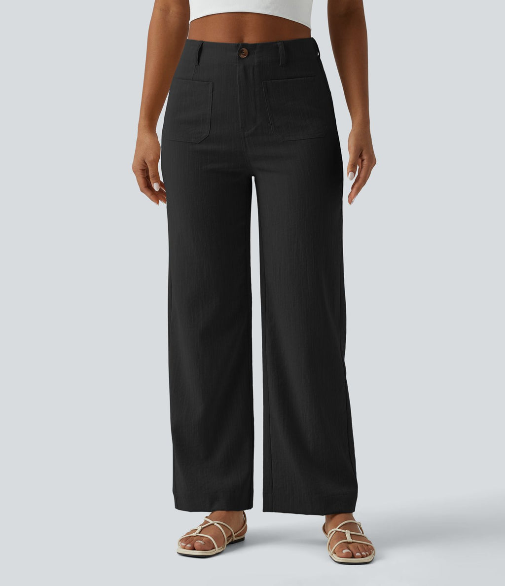 Pantalon taille haute coupe droite effet lin avec poches